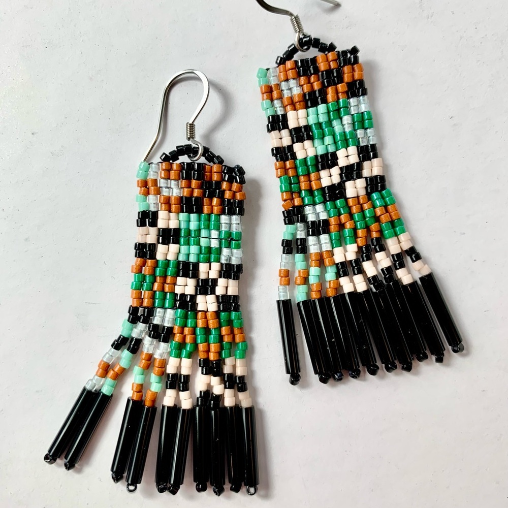 Handmade Checkered Beaded Tassel Fringe Earrings in Black, Green, and Brown